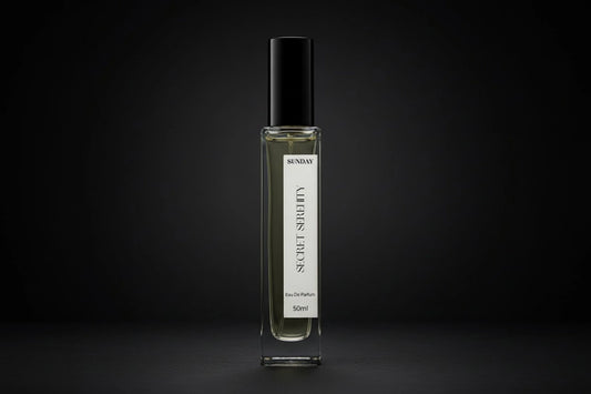 Elegant perfume bottle with a black cap and clear glass body labeled 'Secret Serenity Inspired By J'adore by Dior' against a dark background