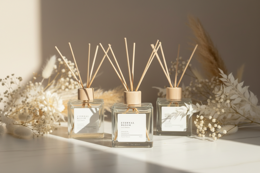 Perfume bottle with wooden cap on a white background