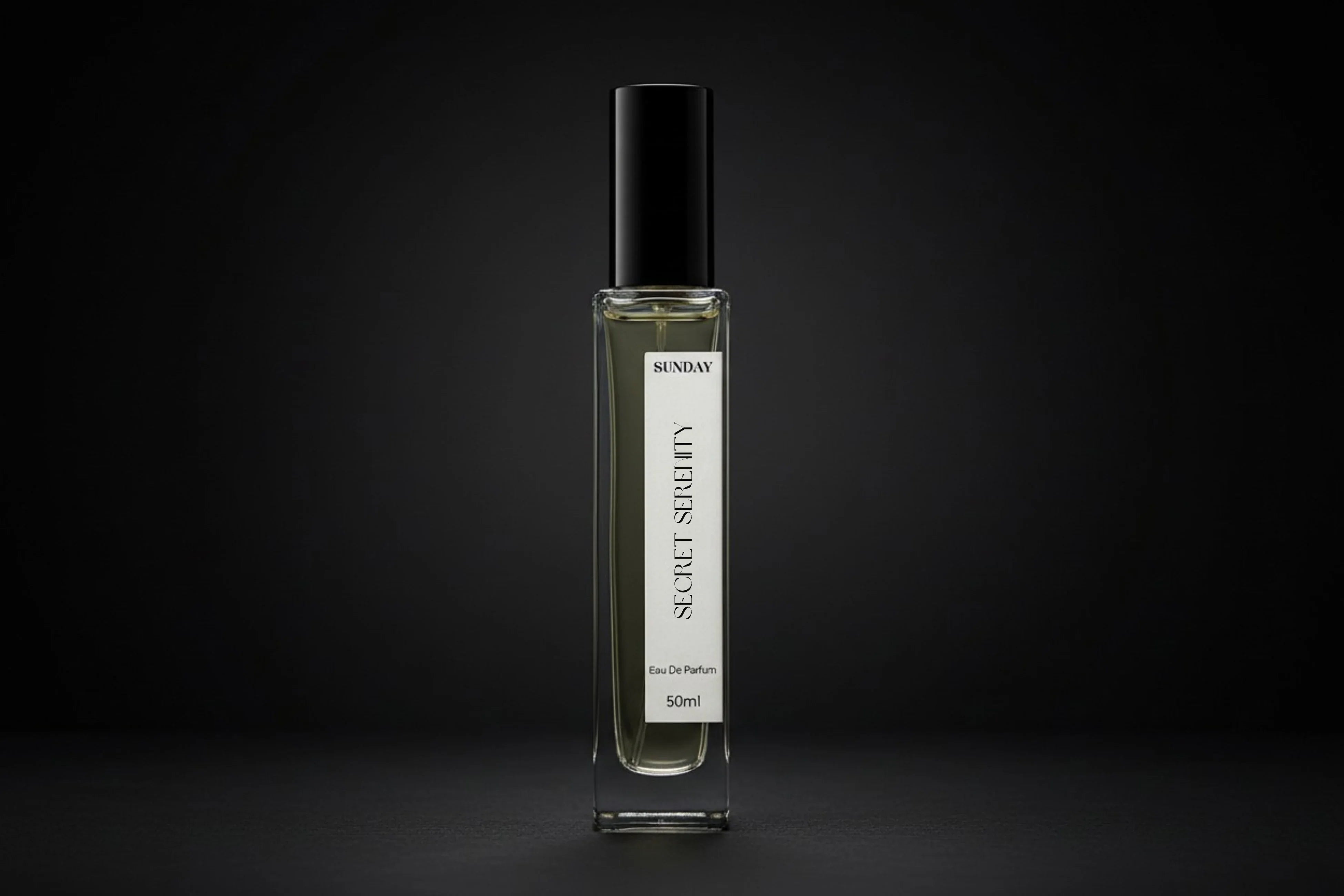 Elegant perfume bottle with a black cap and clear glass body labeled 'Secret Serenity Inspired By J'adore by Dior' against a dark background