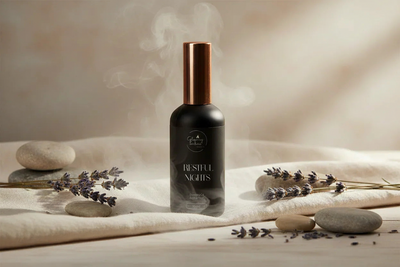 Black bottle labeled 'restful nights' with lavender and stones on a beige background