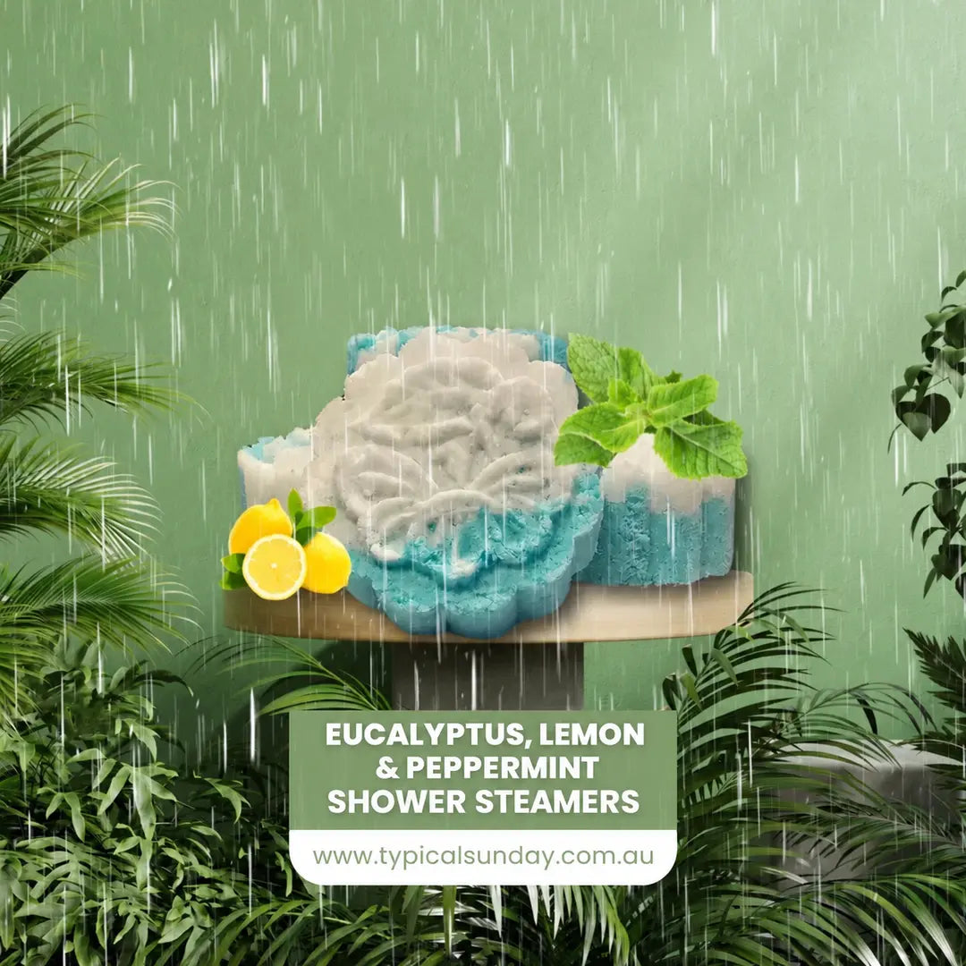 Eucalyptus, lemon and peppermint shower steamers in a botanical setting - Typical Sunday