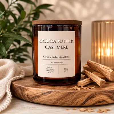 Glowing Embers Cocoa Butter Cashmere 300g soy candle in amber glass jar